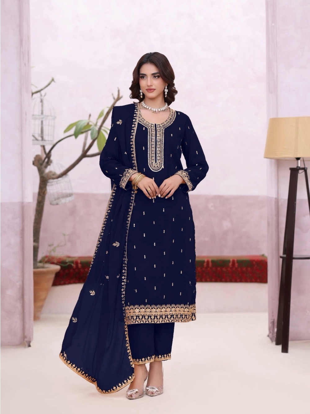 Navy Blue Embroidered Salwar Kameez Set